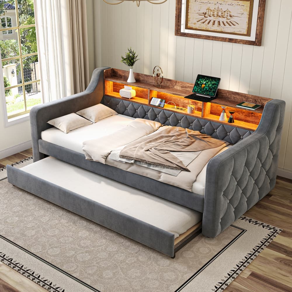 Cama nido 90x190cm con LED, puerto usb y estante terciopelo – gris oscuro