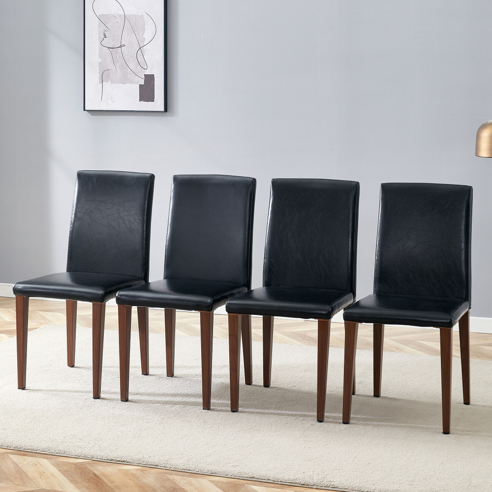 Conjunto de 4 sillas de comedor pu negro con patas metálicas en nogal