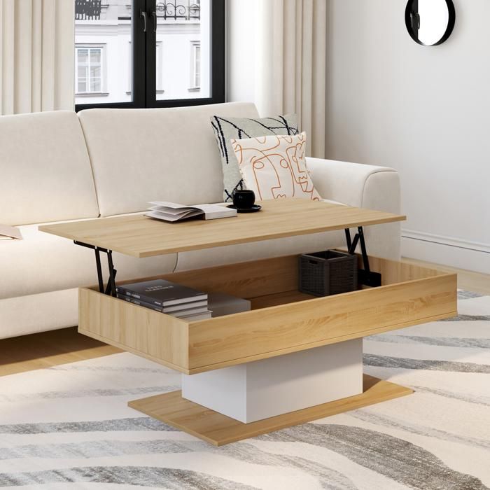 Mesa baja elevable eden - efecto madera y blanco - 110x60x40 cm