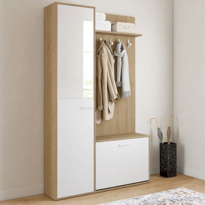 Vestíbulo de entrada con espejo - madera blanca - 100 cm
