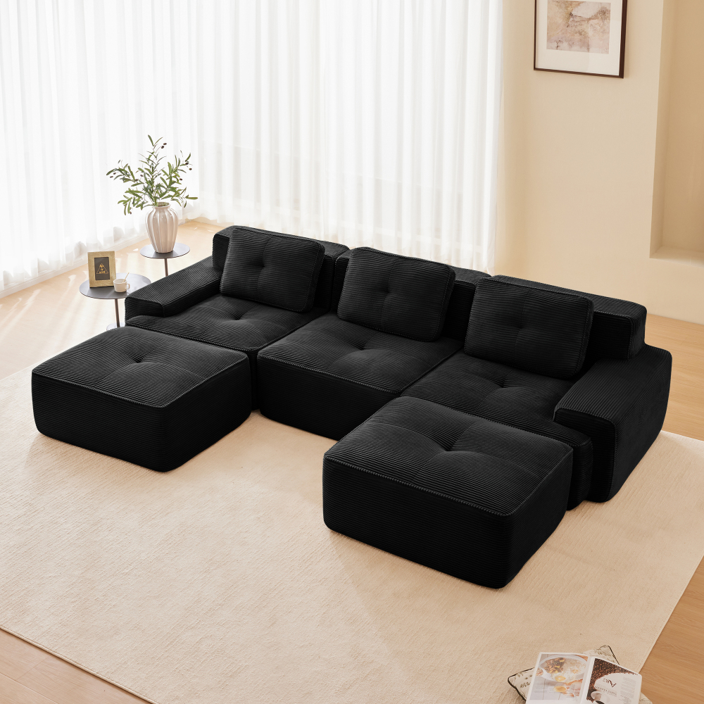 Sofá modular en u de pana negro 3 plazas con otomana y diseño sin montaje