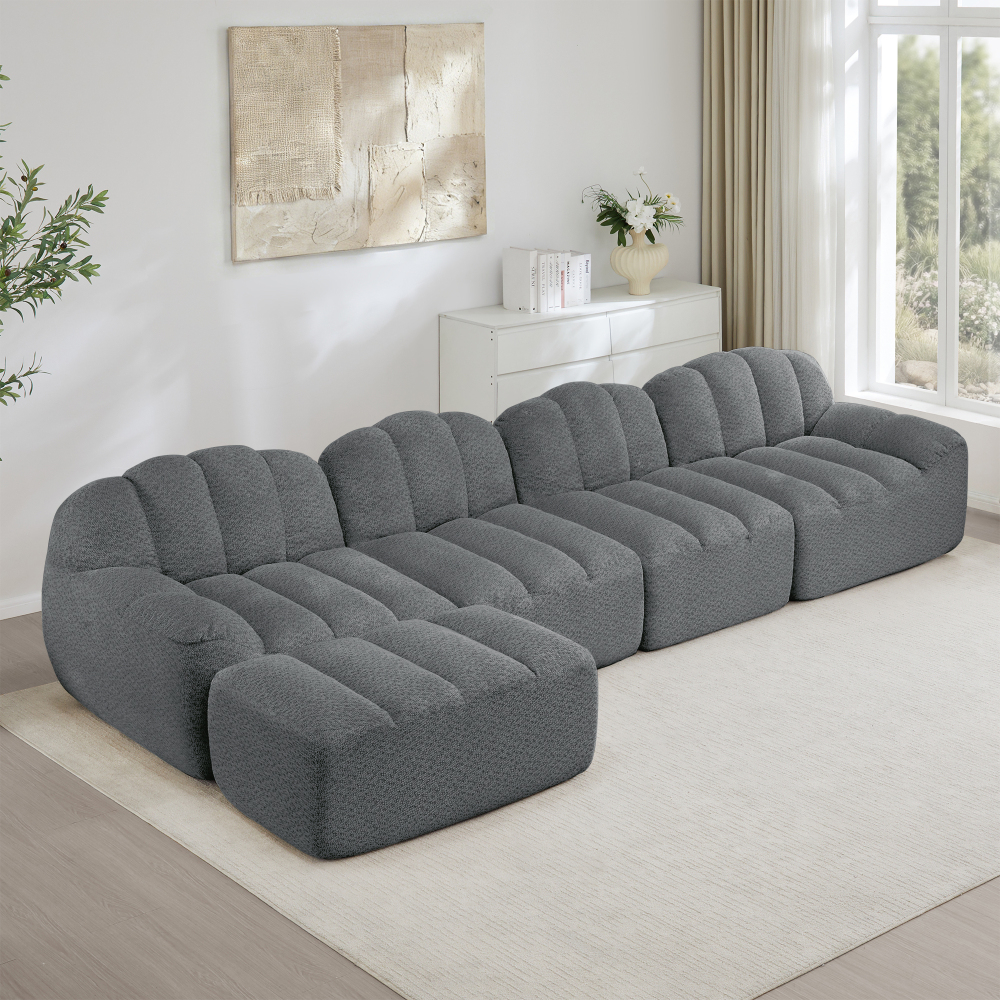 Sofá modular en l gris 4 plazas otomana tejido polar granulado