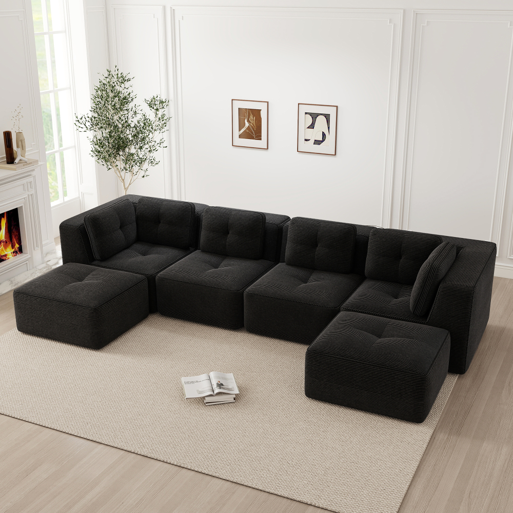Sofá modular en u de pana negro con otomana sin montaje