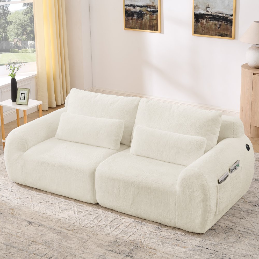 Sofá 2 plazas beige con usb y bolsillo lateral