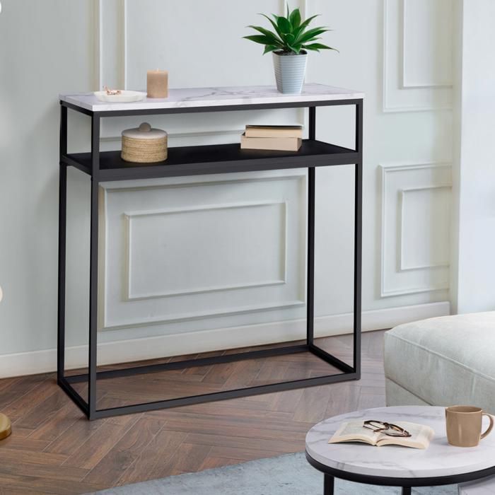 Consola doble - metal negro efecto mármol madera - 80 cm