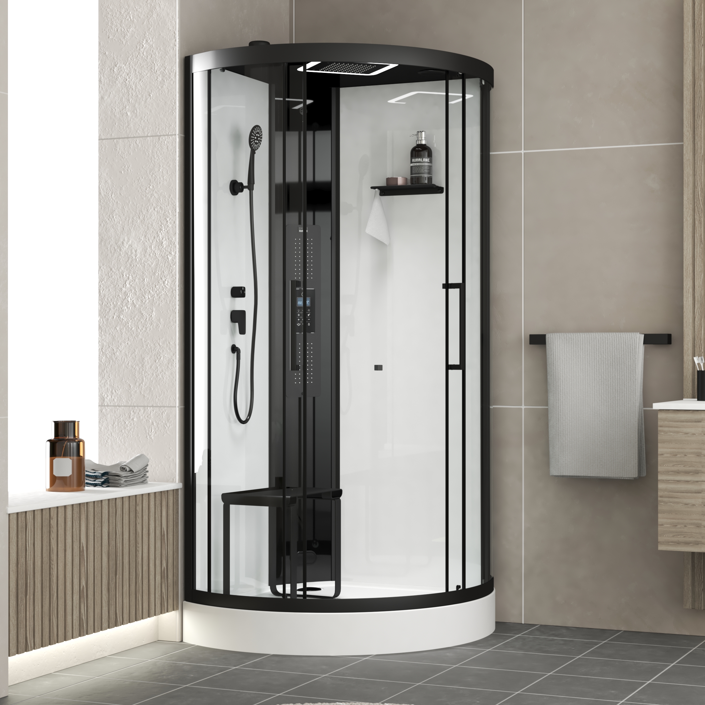 Cabina ducha 1/4 círculo 95x95x218cm hammam + LED + hidromasaje