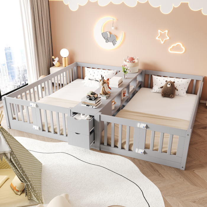 Cama infantil de madera 90x200 cm con almacenaje y cajones gris