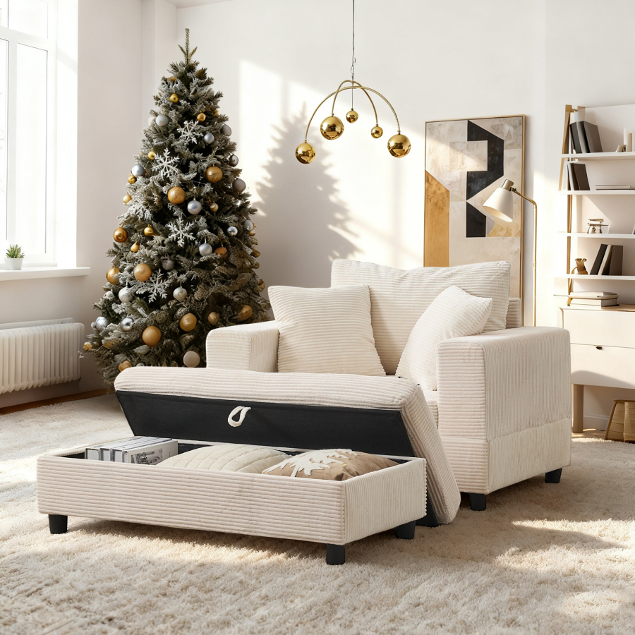 Sofá chaise longue de pana beige con reposapiés, almacenaje y 3 cojines