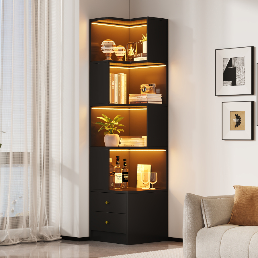 Librero esquinero negro con luz LED y 2 cajones 180x45x43,5cm