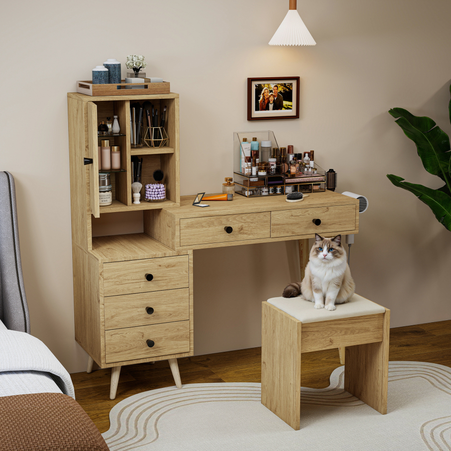 Tocador con espejo retráctil y 5 cajones madera natural beige 120x84x40cm