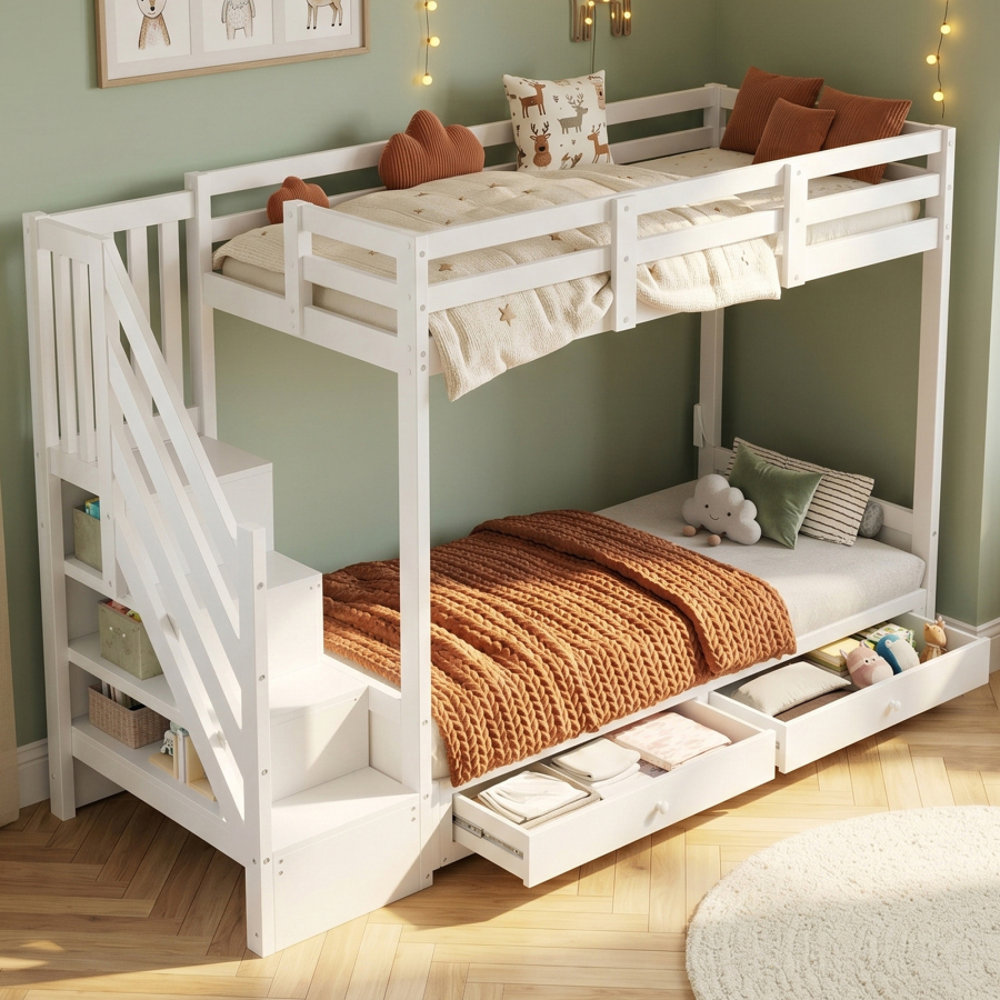 Litera 90x200cm con sofá ajustable y almacenaje madera blanca