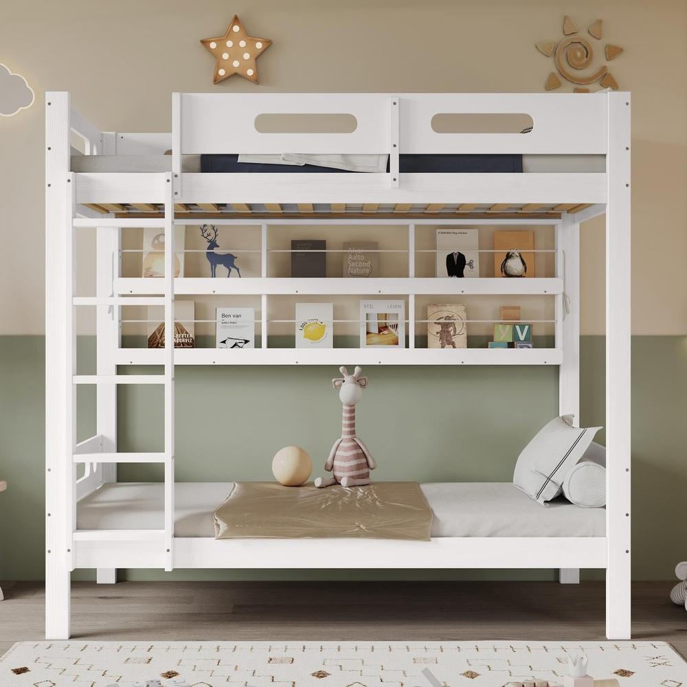 Litera 90x200 blanca con estantes laterales y escalera segura