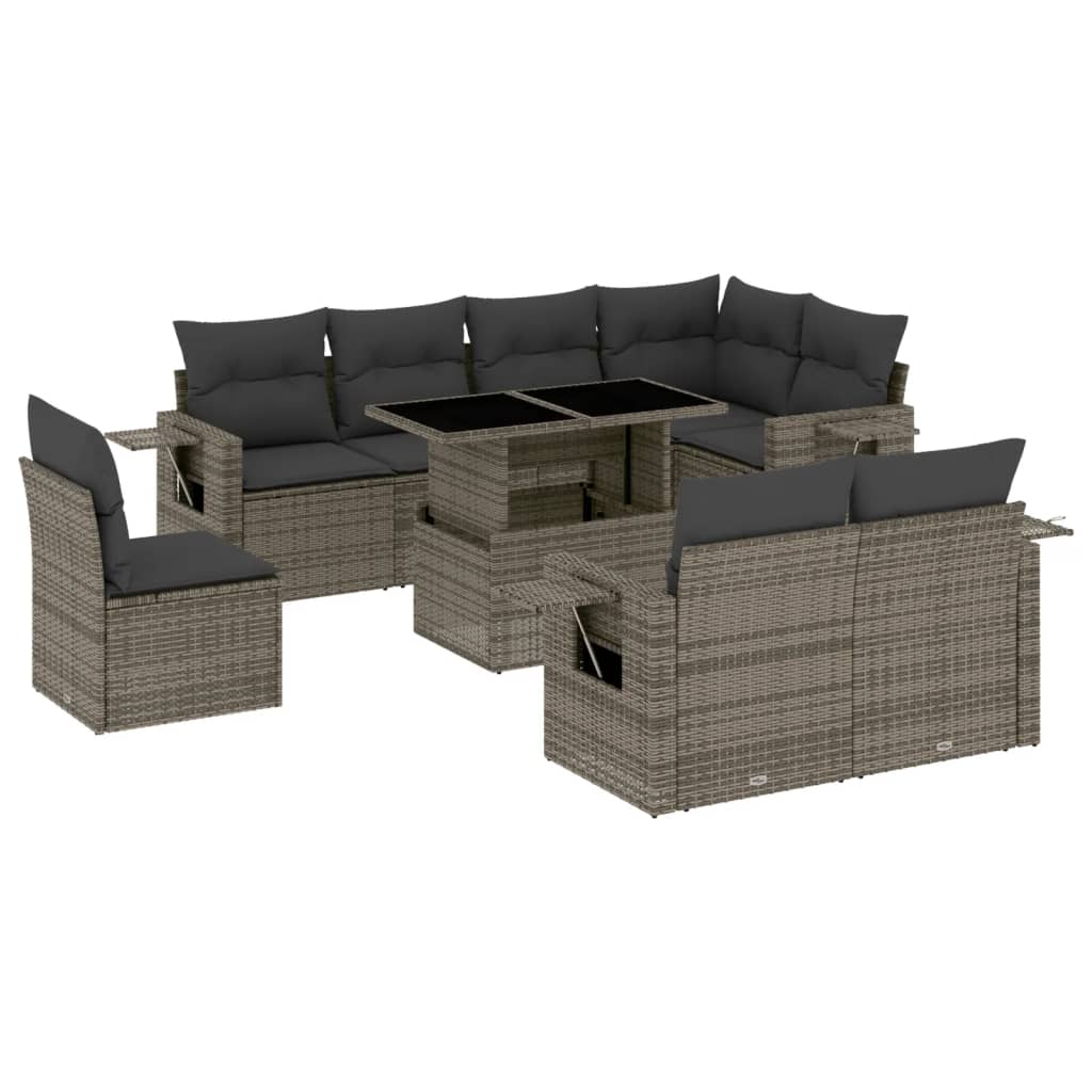 vidaXL set de muebles de jardín 9 pzas y cojines ratán sintético gris