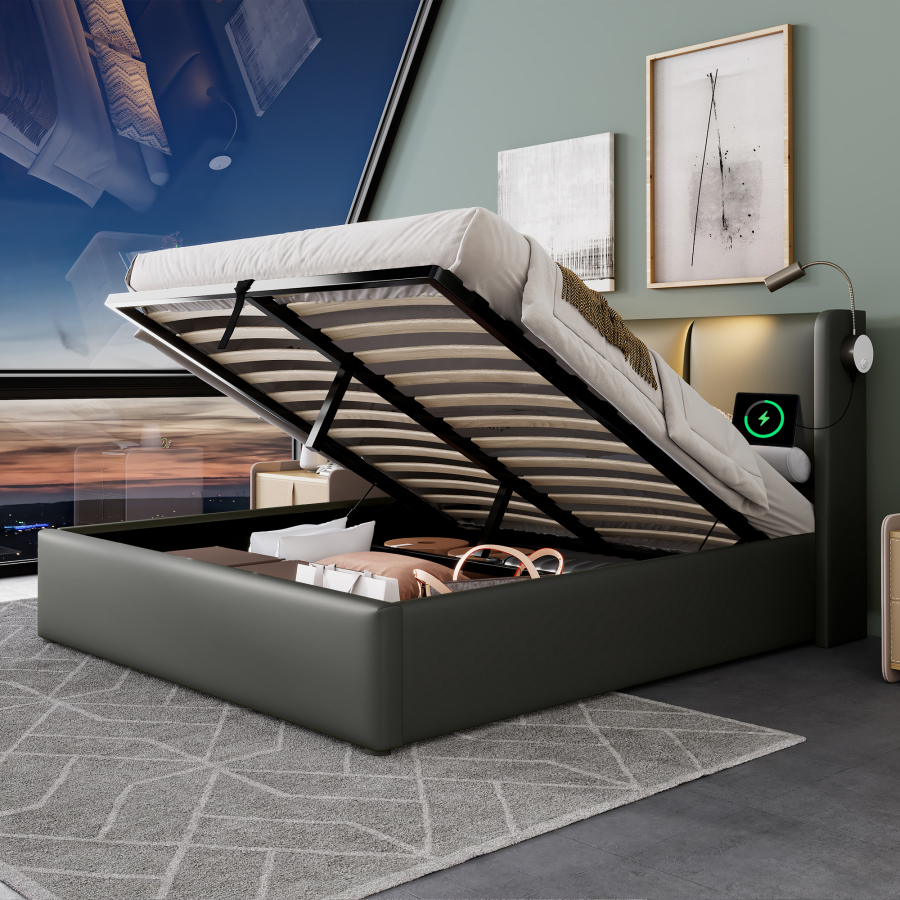 Cama 180x200 cm con canapé, luz de lectura y usb pu