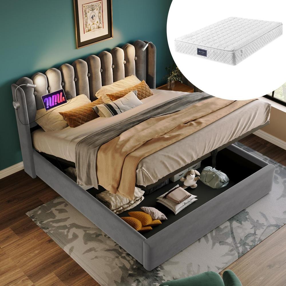 Cama con almacenaje y cabecero 140x200 cm, luz de lectura, usb, gris