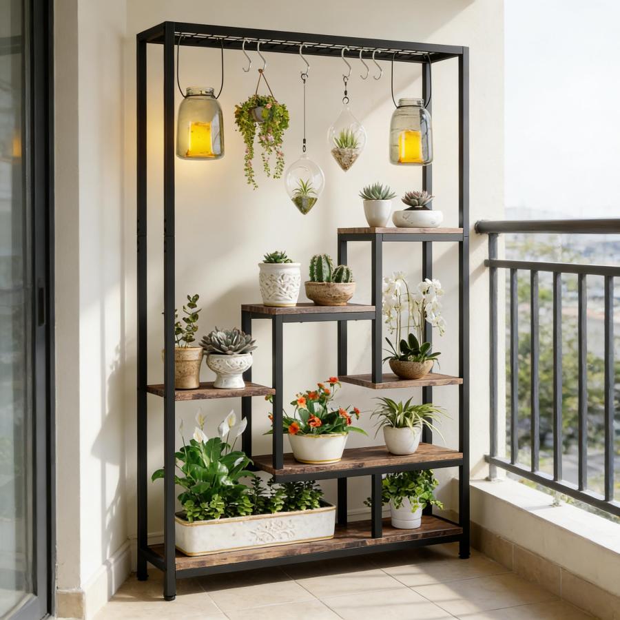 Estanteria para plantas en esquina negro marron rustico 108x37x19cm