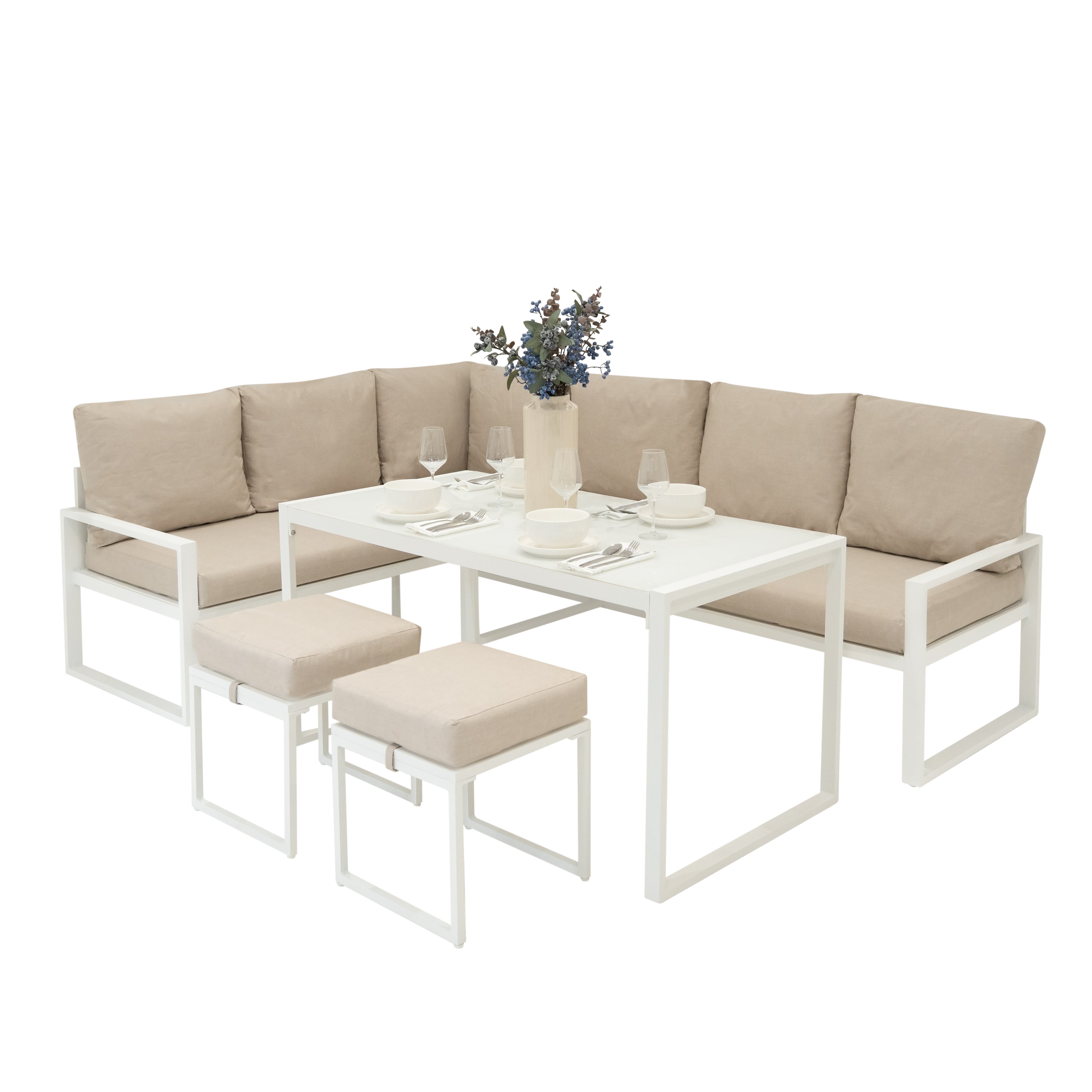 Sofa esquinero para exteriores con 2 taburetes y mesa - blanco