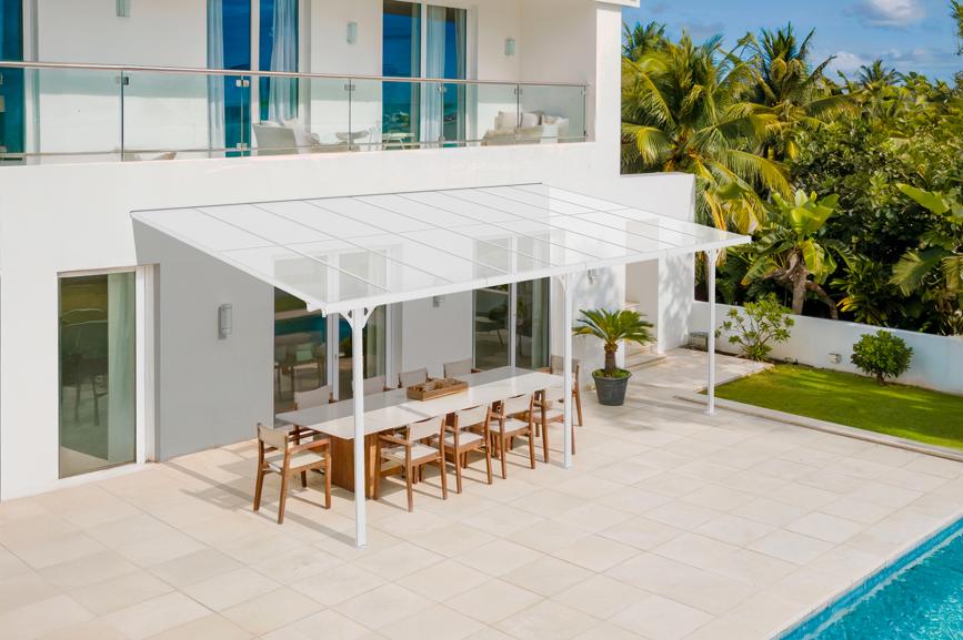 Pérgola de pared aluminio kleo blanco 550 x 300cm-de techo policarbonato