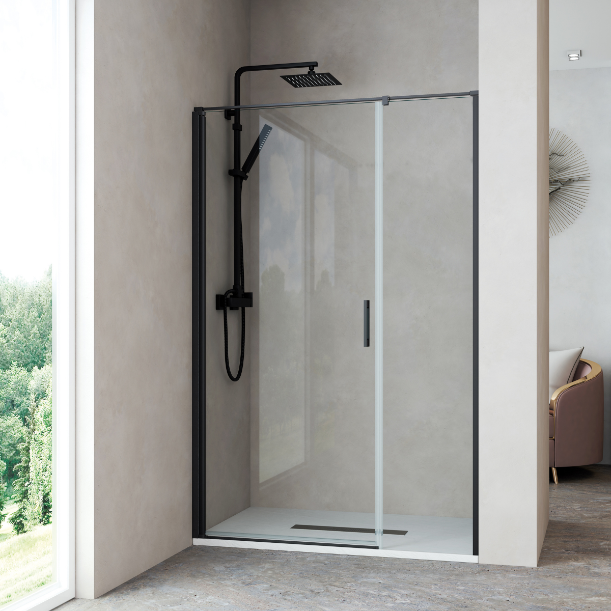 Mampara ducha frontal 1 puerta abatible 1 fijo 125cm transparente negro