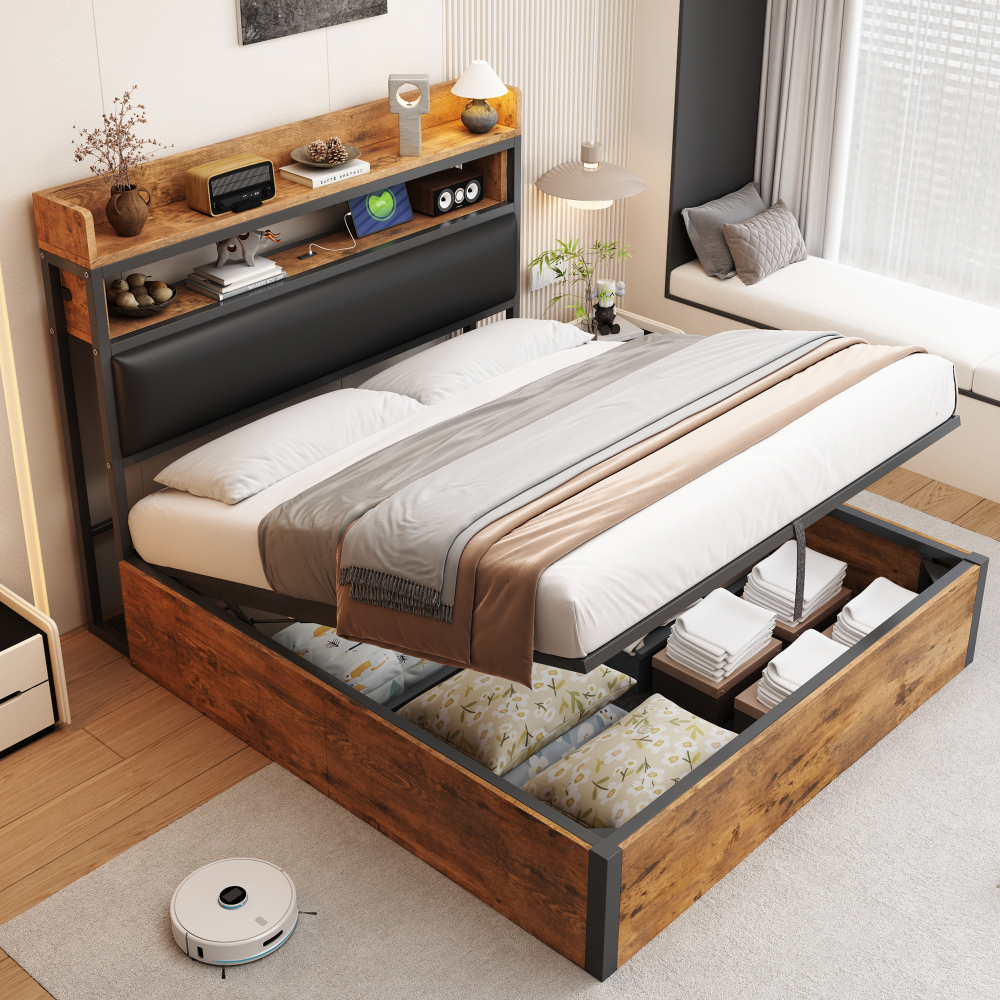 Cama doble 140x200 cm con canapé y usb madera y metal – color negro