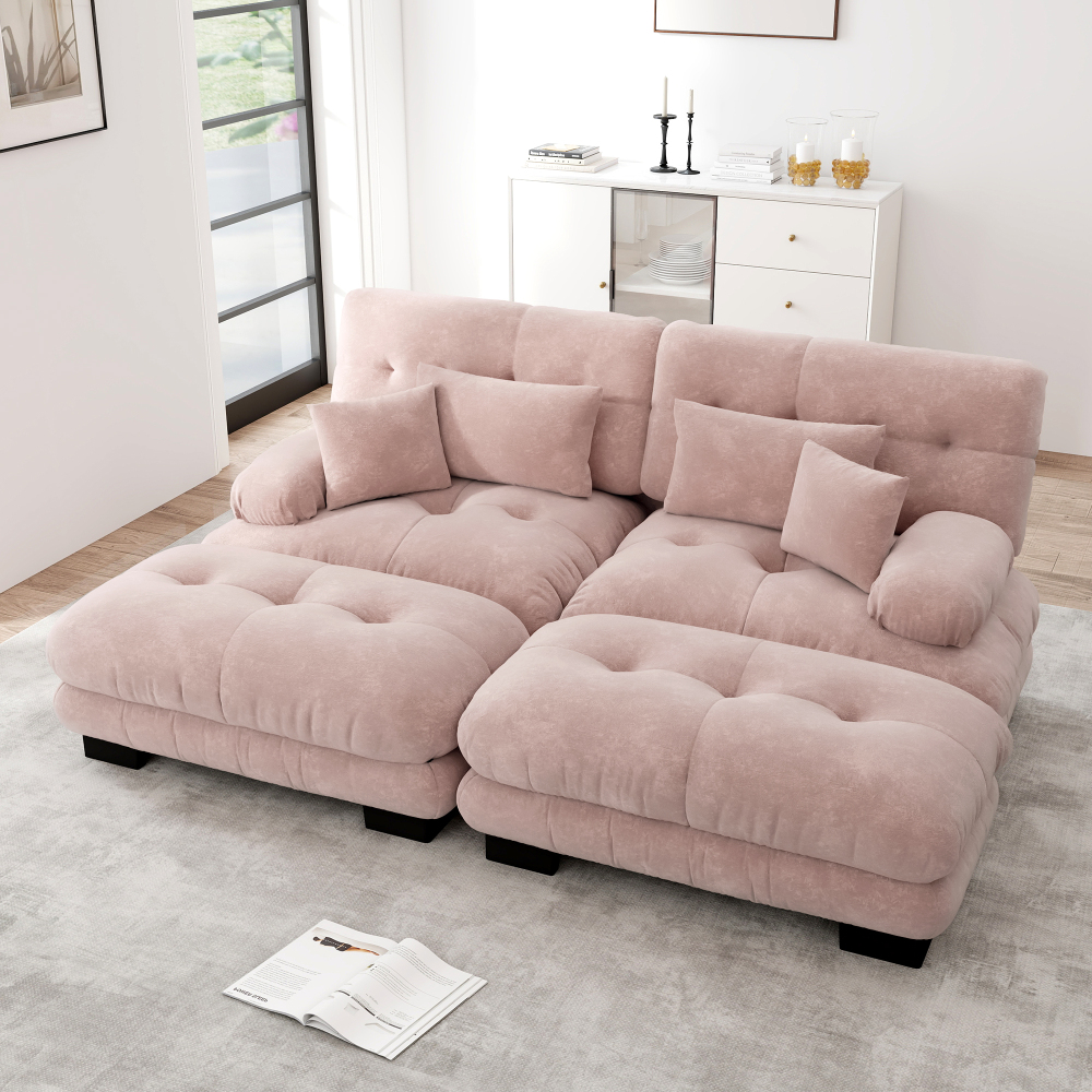 Sofá modular de chenilla rosa con 2 otomanas diseño nube