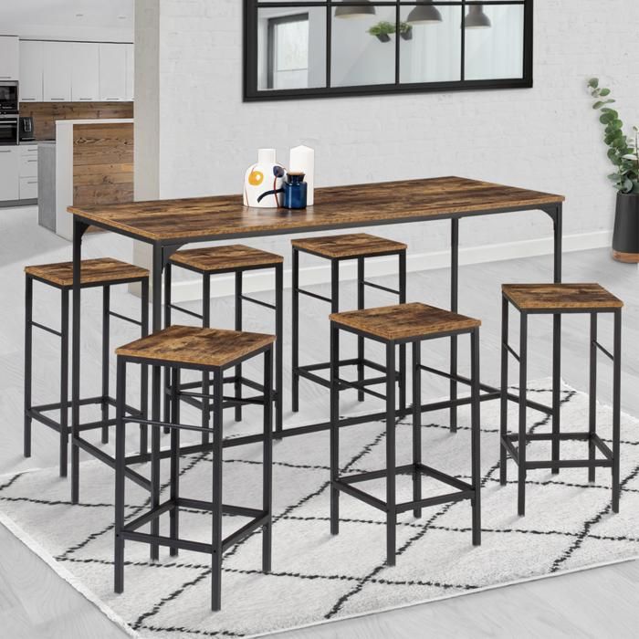 Mesa alta dayton industrial con 6 taburetes - 150 cm