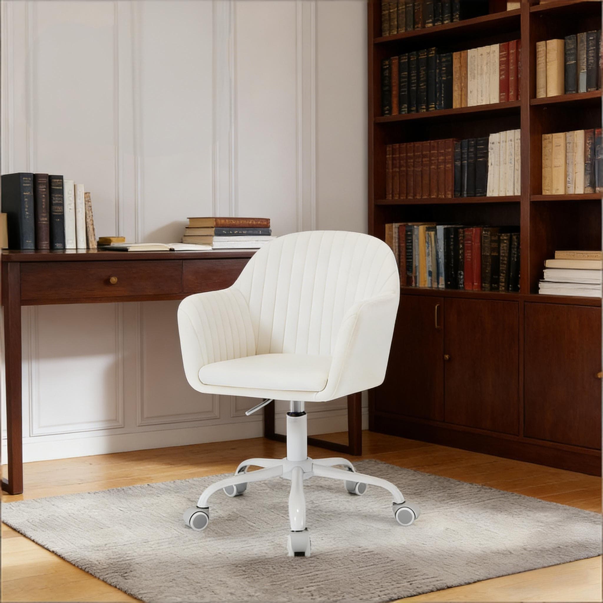 Silla de oficina terciopelo blanco crema giratoria regulable con ruedas