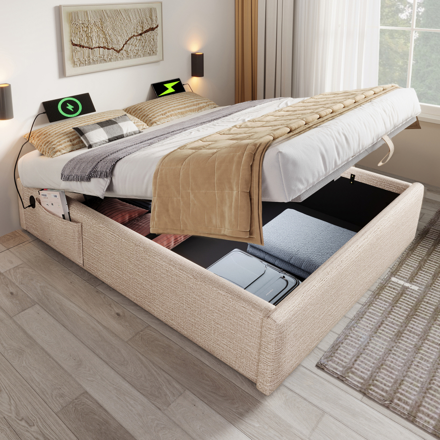 Cama tapizada 160x200 cm con canapé y carga usb tipo c lino – color natural