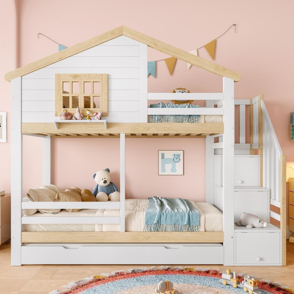 Litera 90x200cm con cama nido, cajones, escalera, blanco natural