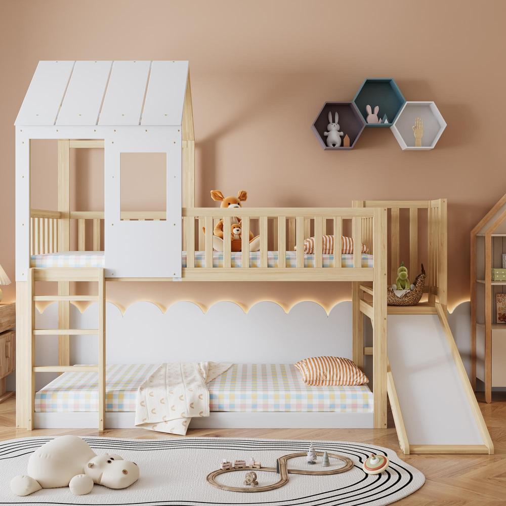 Litera infantil con tobogán y escalera, 90x200cm, blanco natural