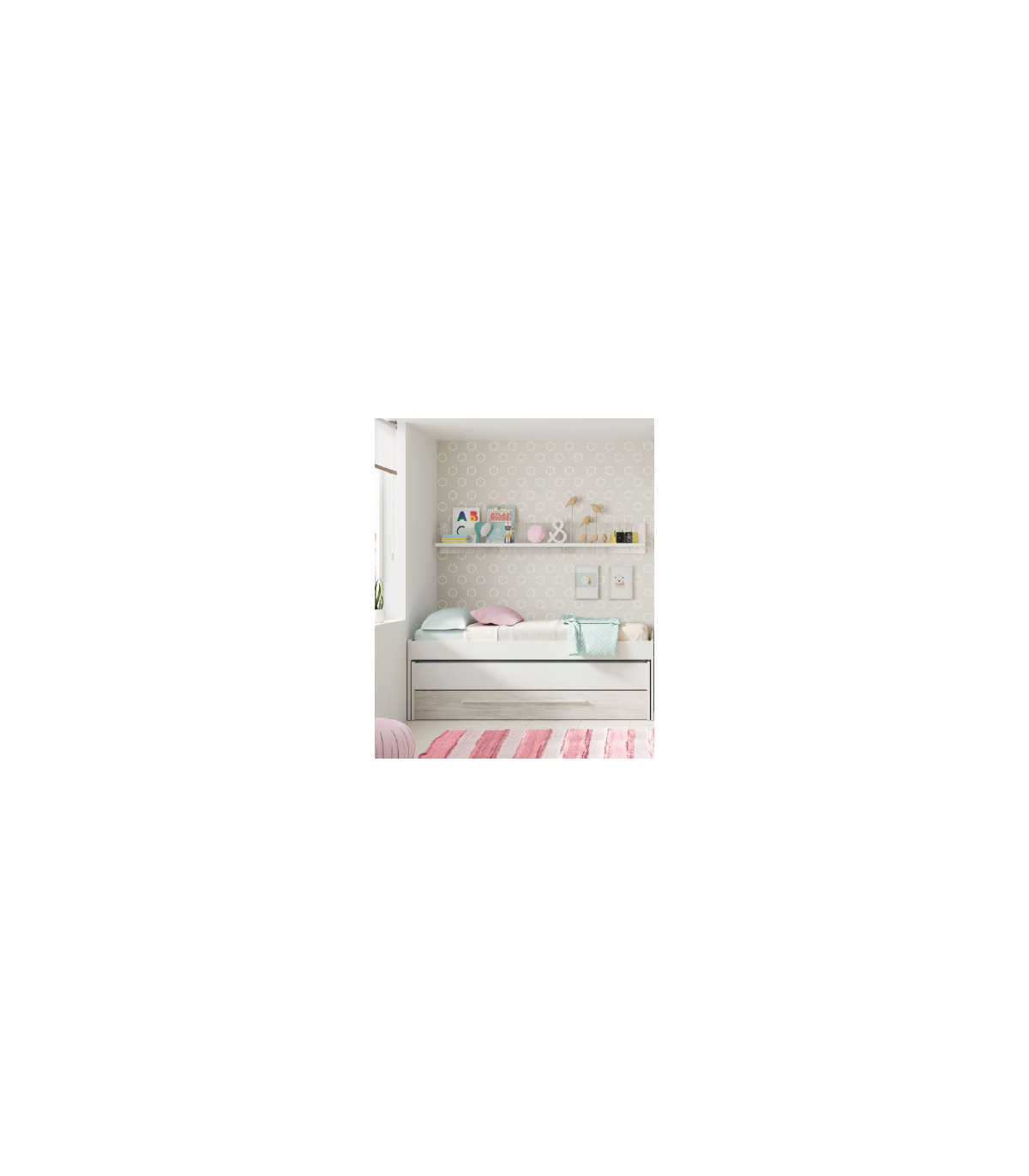Cama compacta nido con cajón y estantería integrada