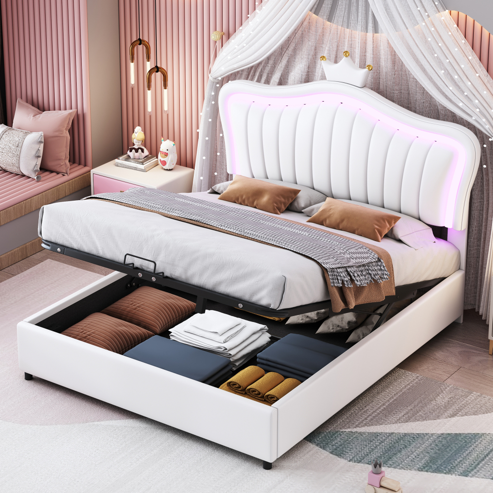 Cama infantil 140x200cm con canapé hidráulico y LED piel sintética – blanco
