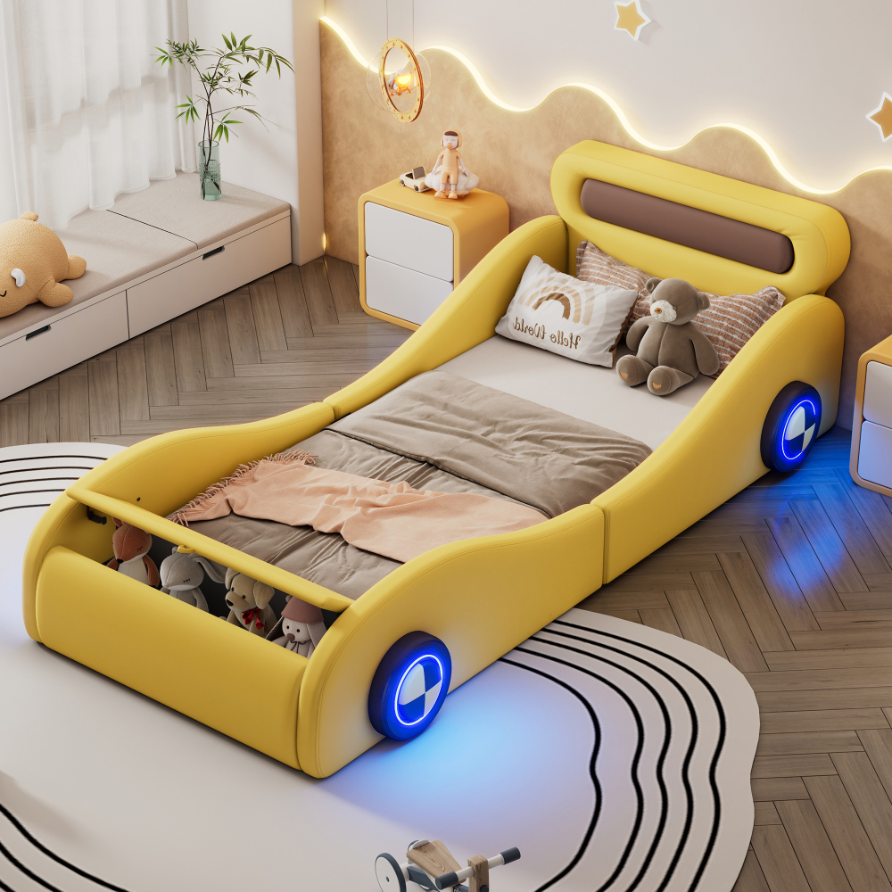 Cama infantil 90x200cm tipo coche con luces y almacenaje pu – amarillo