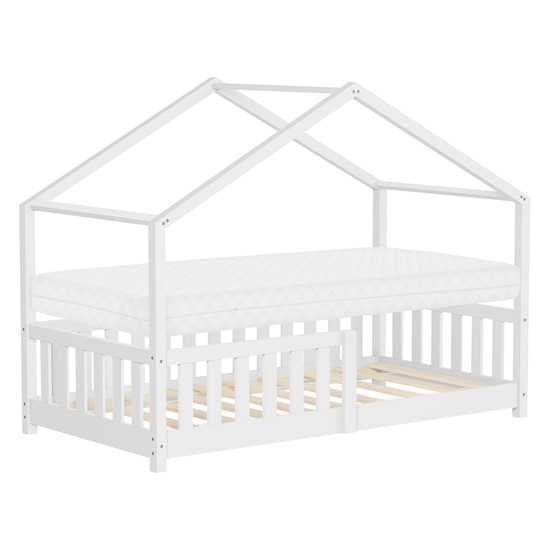 Cama infantil casa de madera blanca maciza pino 80x160cm con colchón