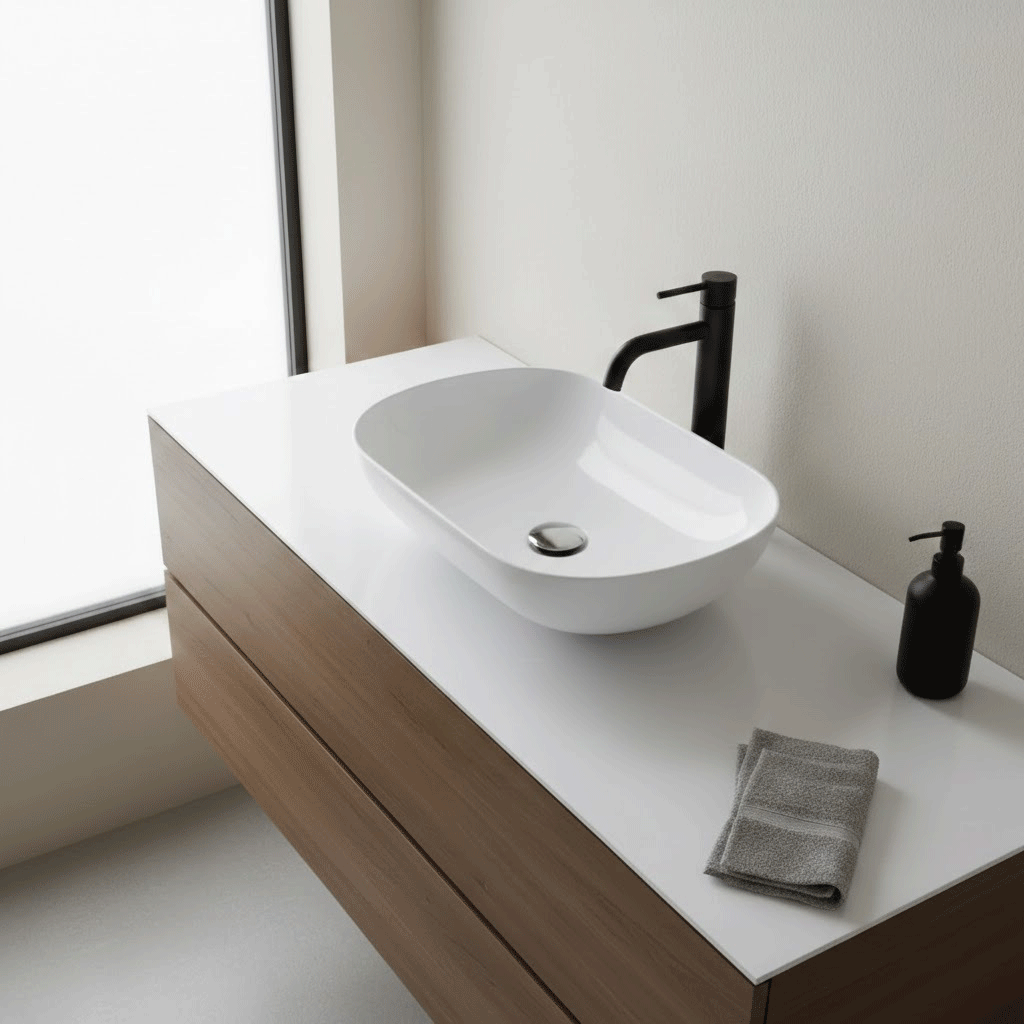 Lavabo blanco mate sobre encimera ovalado palio de mármol cultivado