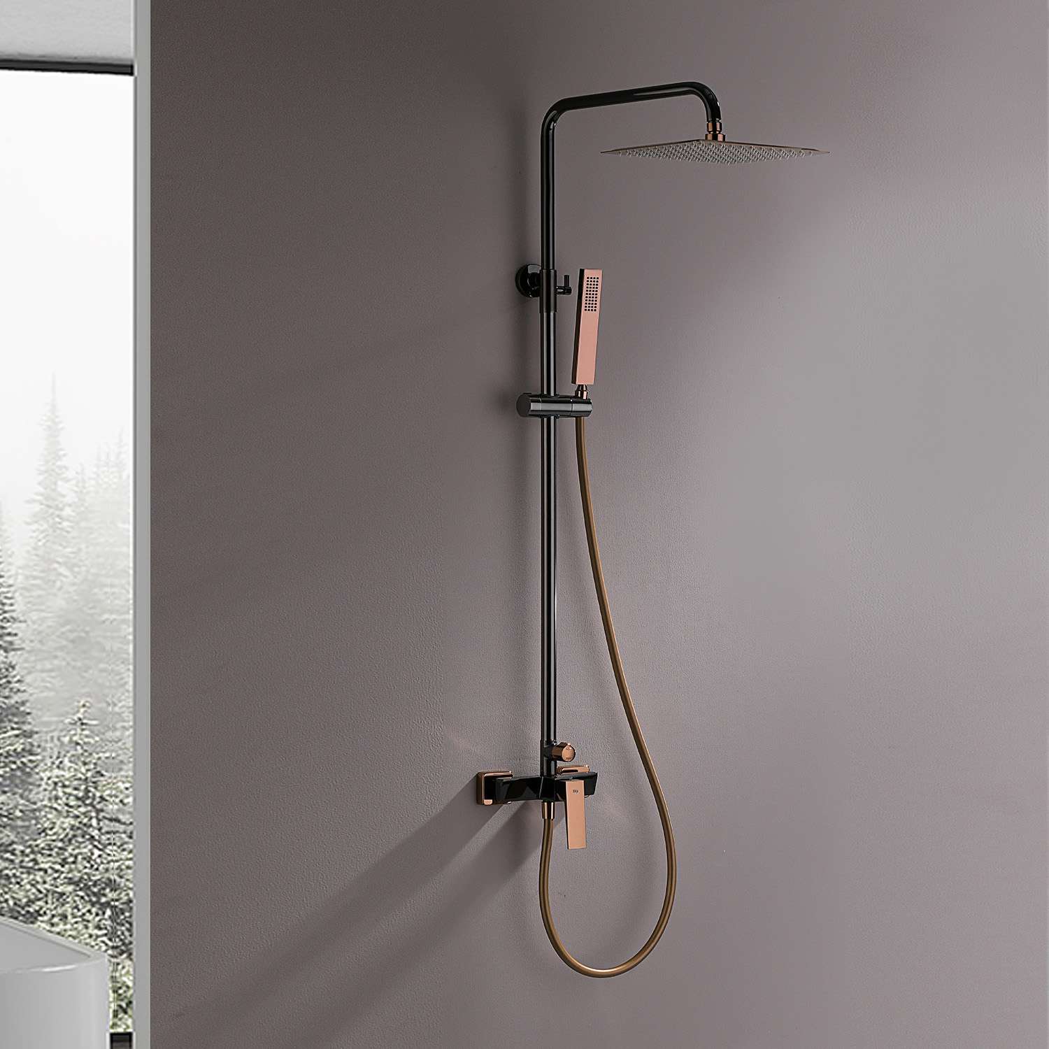 Columna de ducha monomando sky bath negro cristal y oro rosa serie infinite