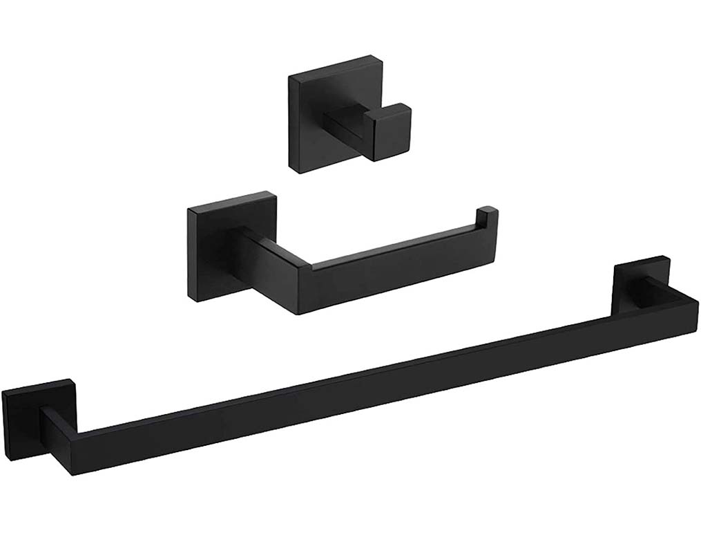 Valaz accesorios baño cuadrados negro mate toallero+1percha+portarollos