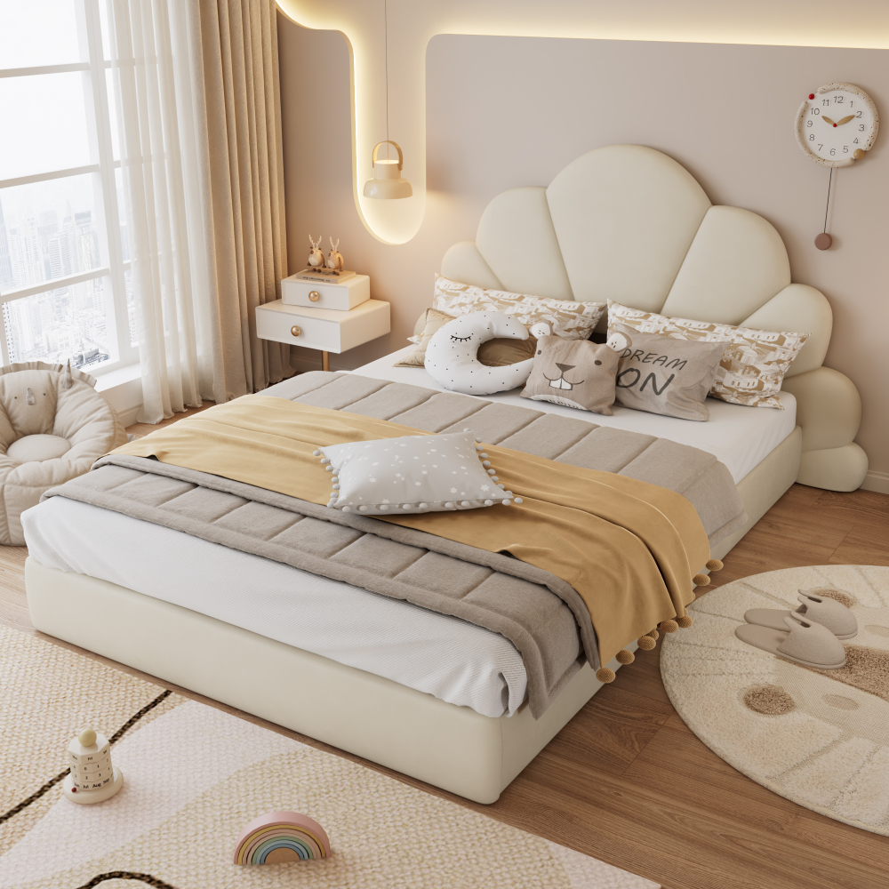 Cama tapizada 140x200 cm con cabecero floral terciopelo – color beige