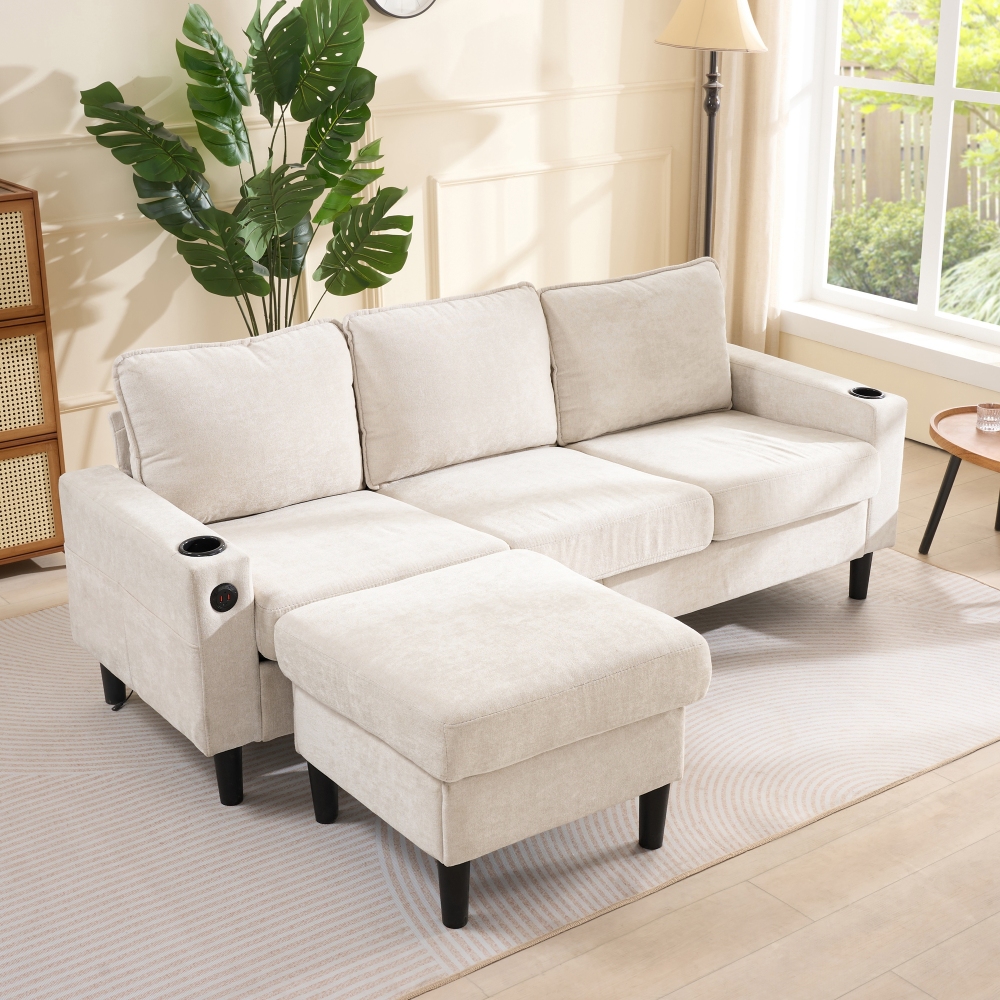 Sofá esquinero con otomana de lino beige 3 plazas con usb portavasos