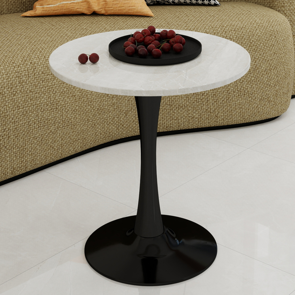 Mesa auxiliar redonda para salón comedor efecto mármol negro blanco 70cm
