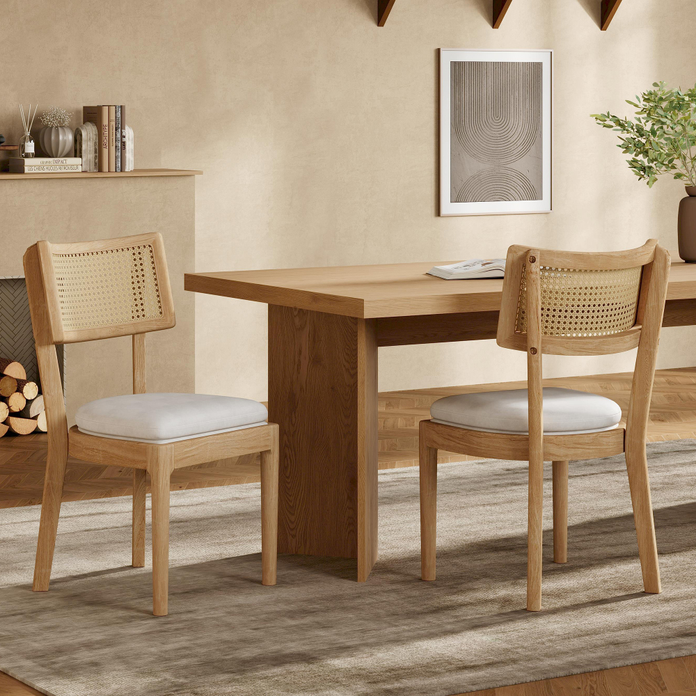 Conjunto de sillas de comedor madera maciza con ratán set de 2