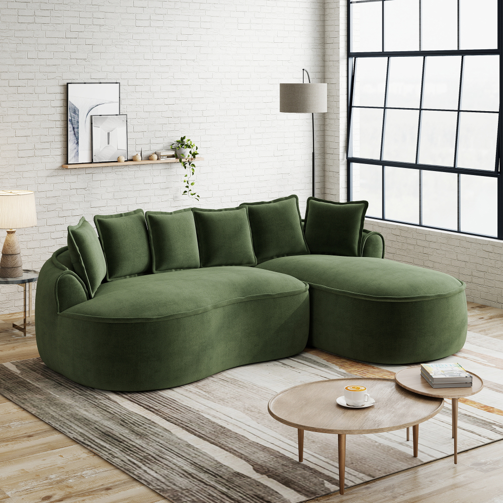 Sofá en l chenilla verde chaise longue profunda cojines