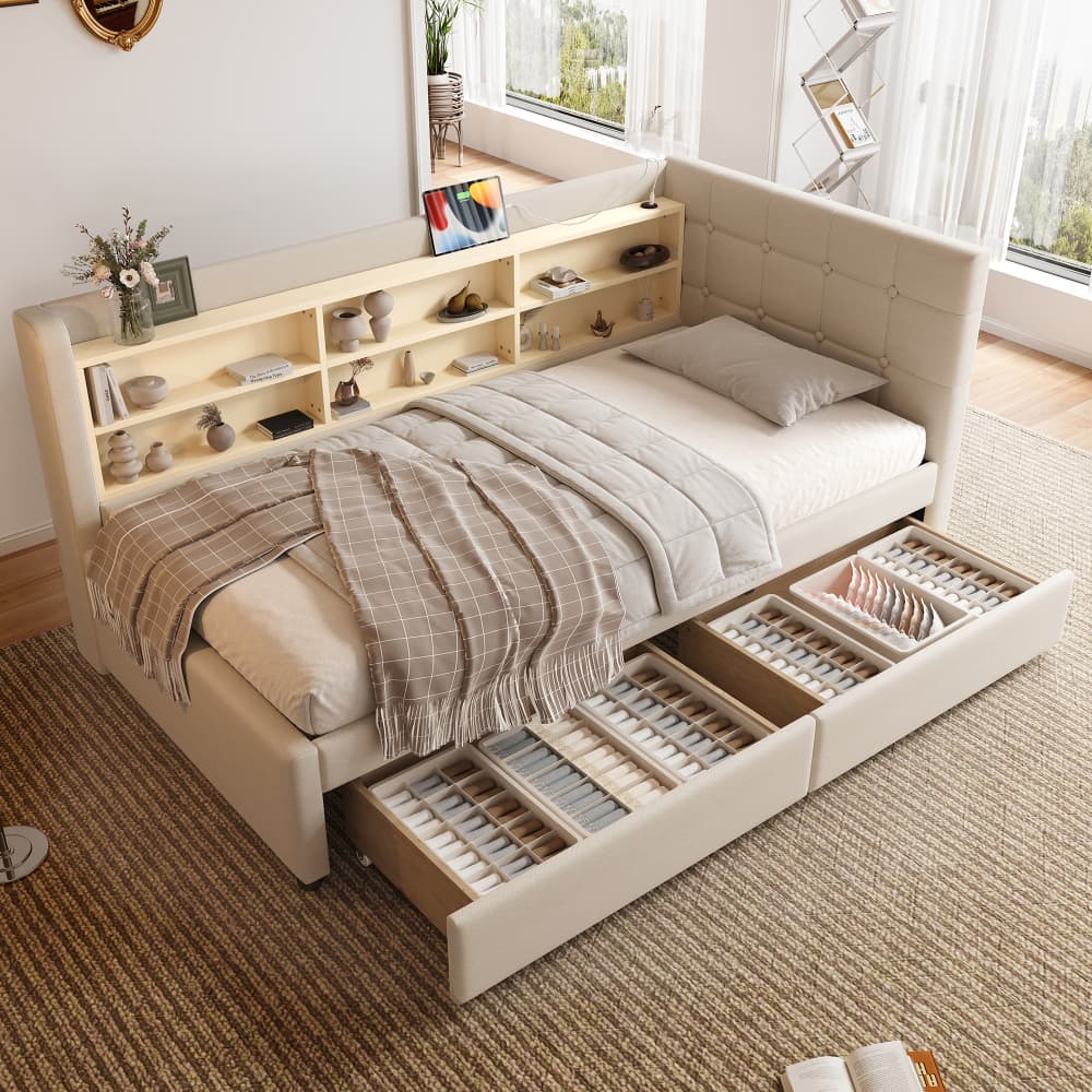Sofá cama 90x200cm con cajones, usb y estantes lino y mdf – beige