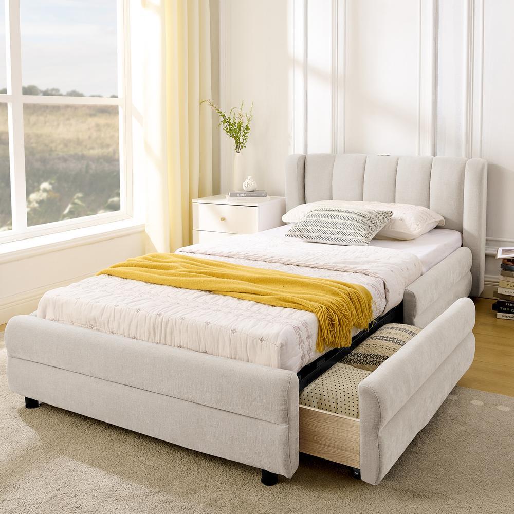 Cama individual 90x200cm con almacenaje 2 cajones usb beige