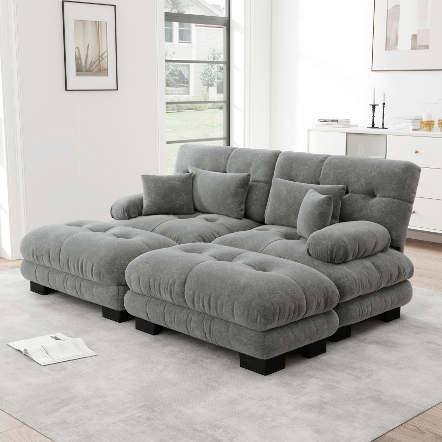 Sofá modular en l de chenilla gris con 2 otomanas y cojines para salón