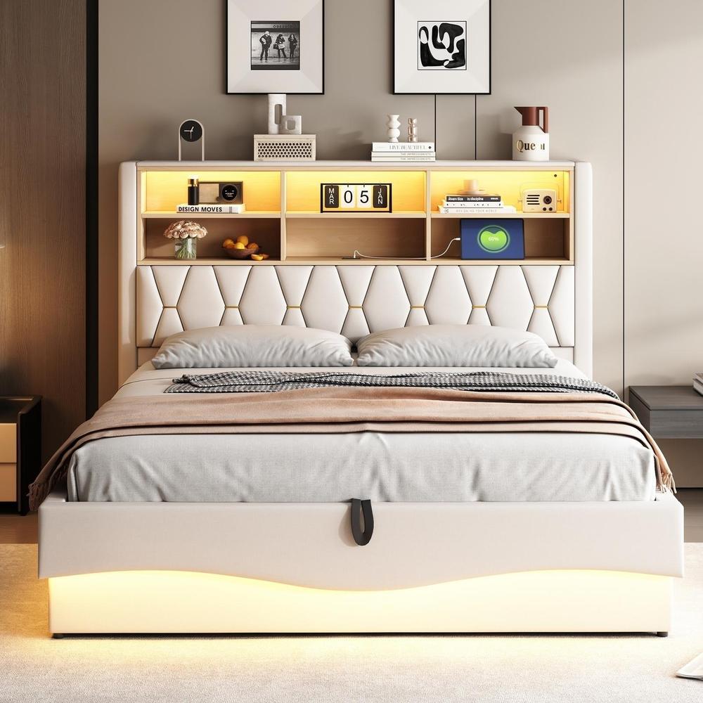 Cama tapizada 180x200cm con almacenaje LED usb beige