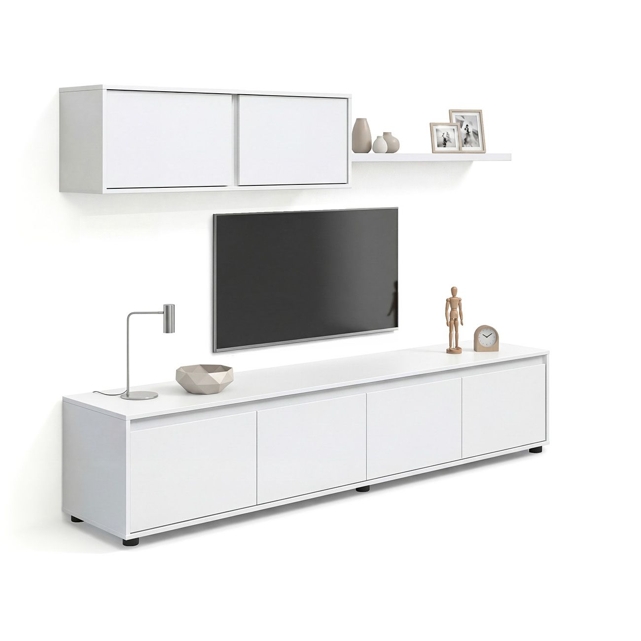 Salón con mueble de tv y estantería 200 cm arlet blanco artik