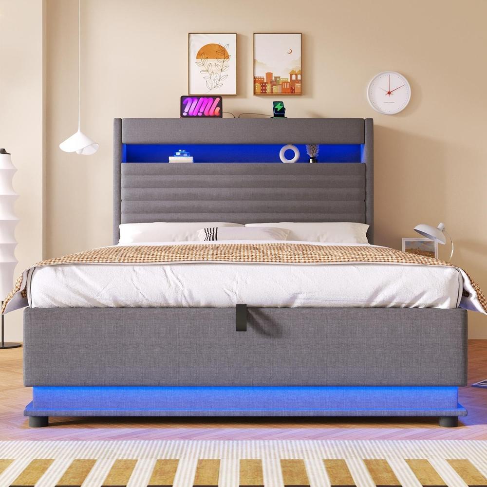 Cama tapizada 140x200cm con almacenamiento hidraulico usb-c gris
