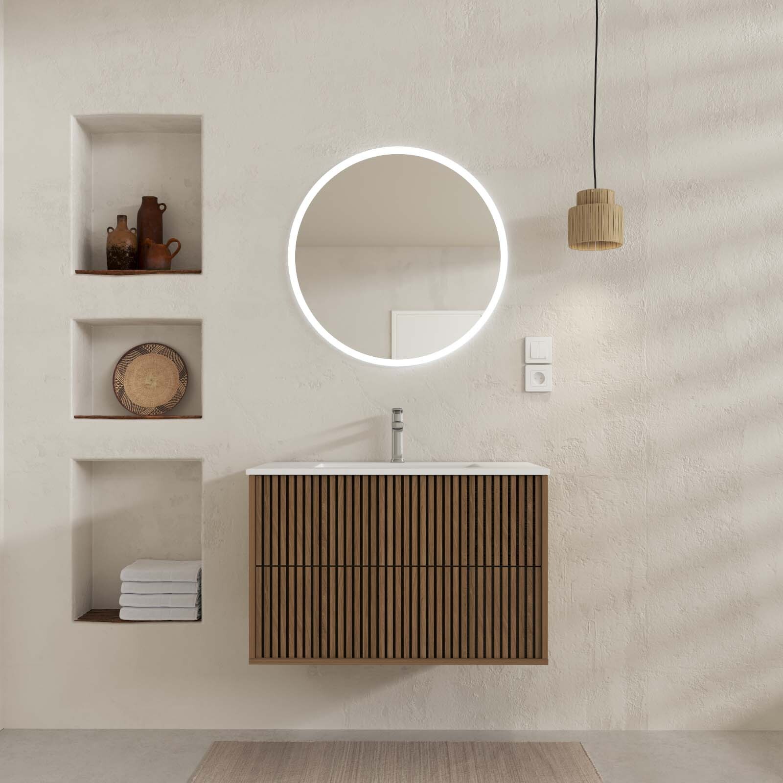 Mueble de baño 2 cajones 60 roble y negro - lavabo blanco - espejo LED 60