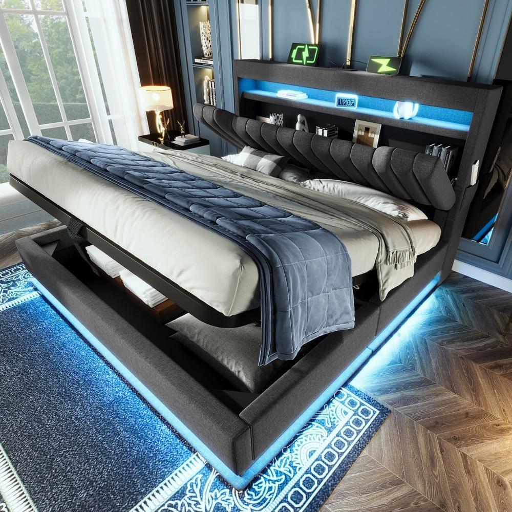 Cama doble 140x200cm con LED, usb-c, almacenaje hidráulico, gris
